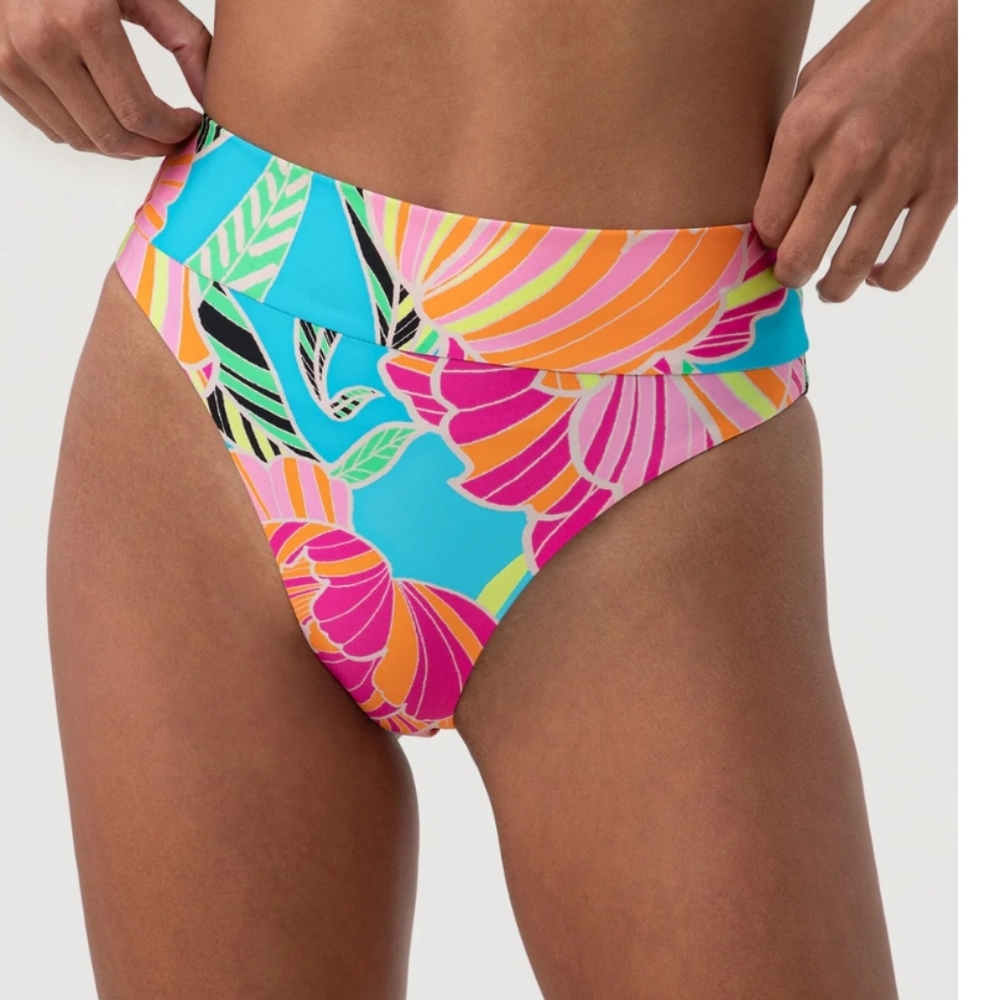 Trina Turk Blue and Pink Floral Poppy Banded High Waist Bikini Bottom